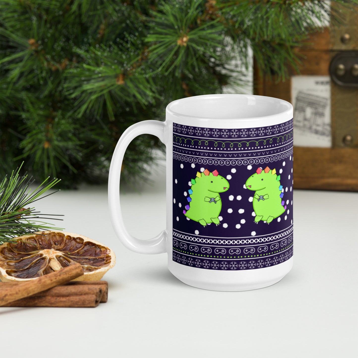 Gaming Dino - Winter Print SUPER SIZE 15 oz Mug